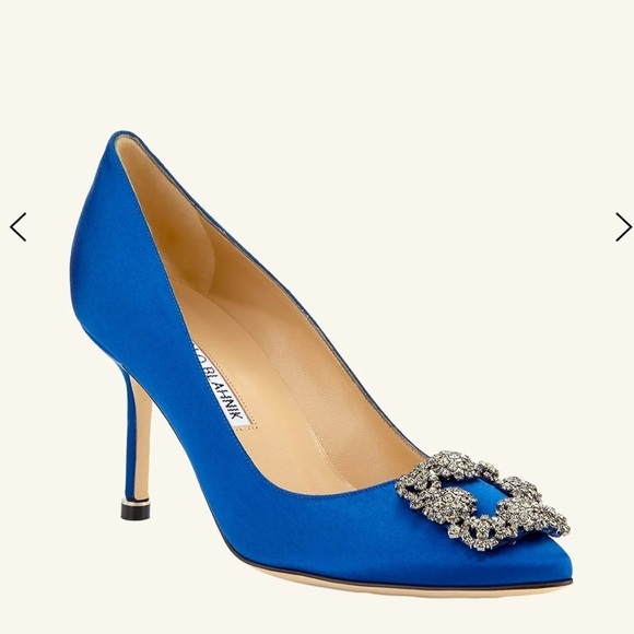 New Manolo Blahnik Hangisi Crystal Buckle Blue Satin Pump Size 37 - Picture 1 of 7
